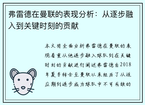 弗雷德在曼联的表现分析：从逐步融入到关键时刻的贡献